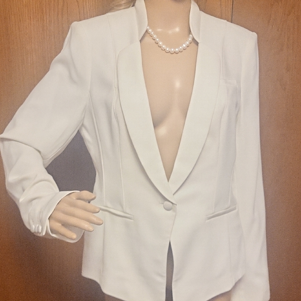 White Textured Blazer with Shawl Collar
